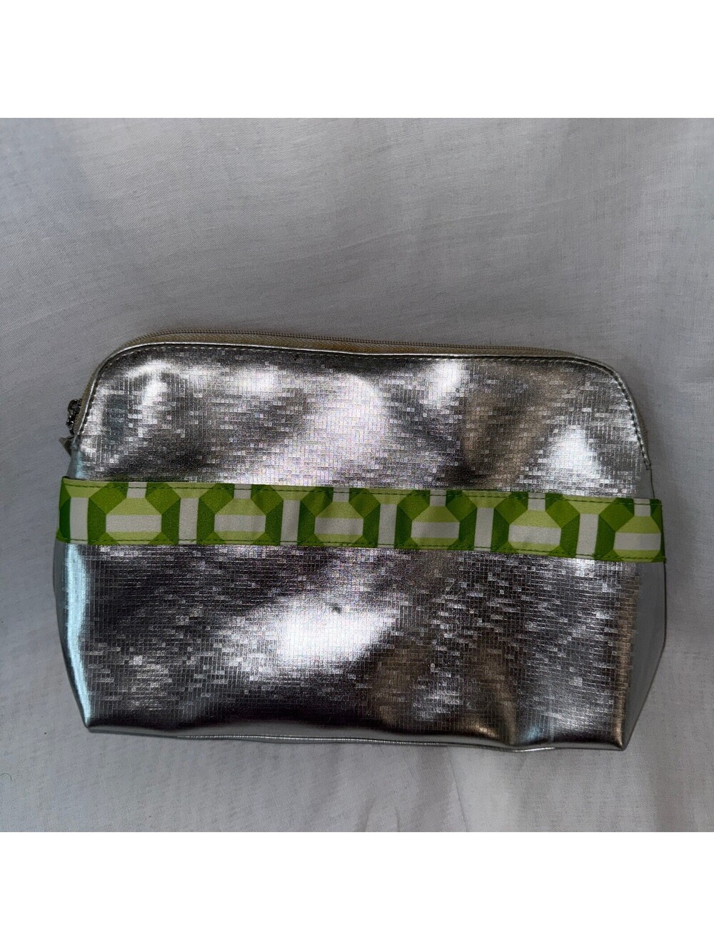 Clinique Metallic Silver Green Cosmetic Makeup Travel Bag 11" x 7"